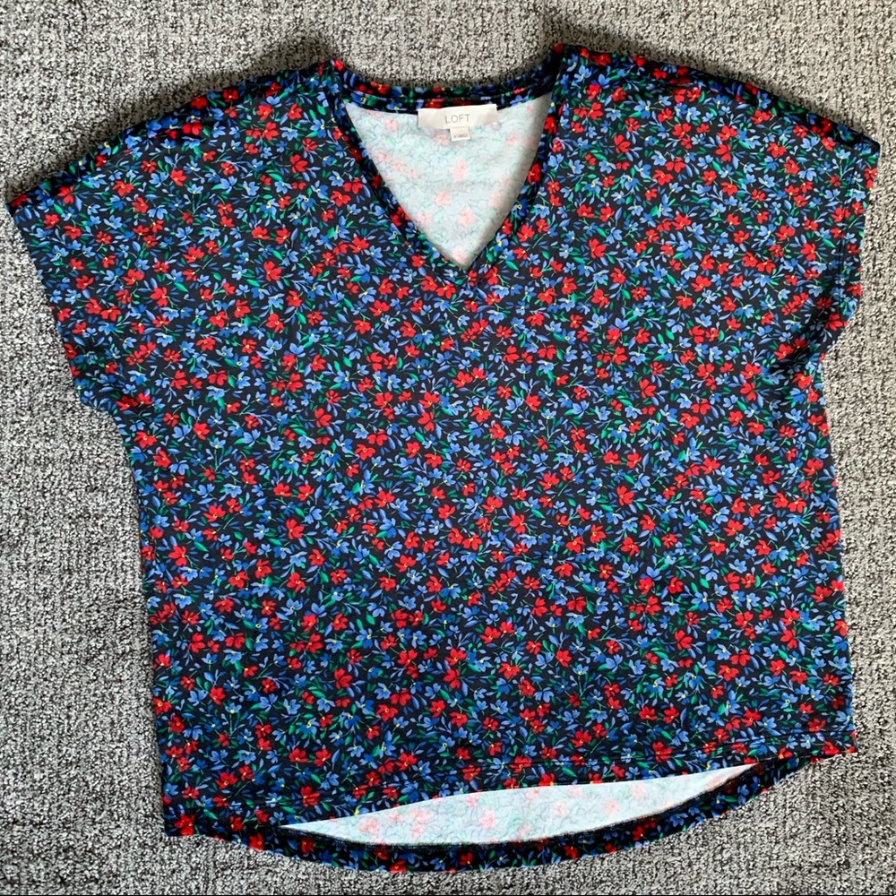 LOFT Blue Floral Velour Blouse Top S